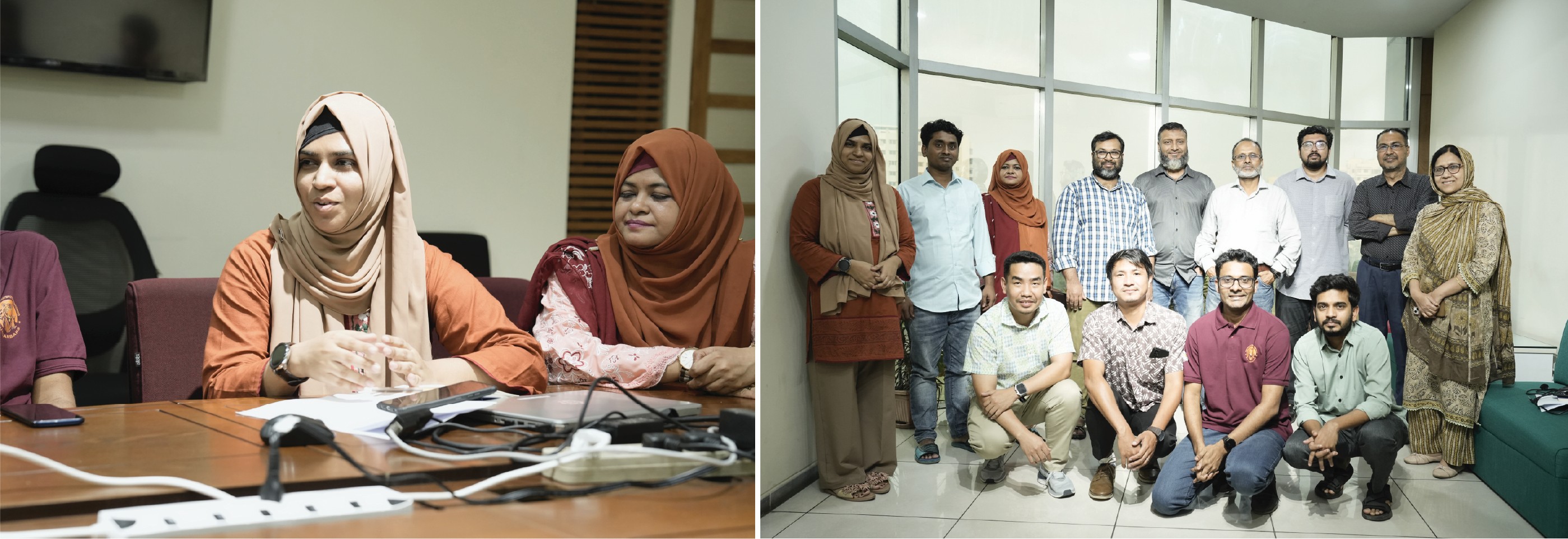 Author speaking at a workshop at the Arannayk Foundation Head office (Left); Author with the participants of a workshop at the Arannayk Foundation Head office (Right))